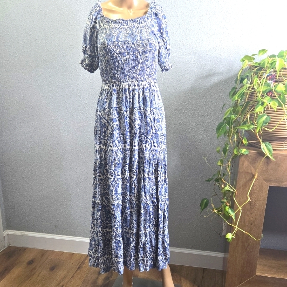 Max Studio Blue and White Smocked Sundress